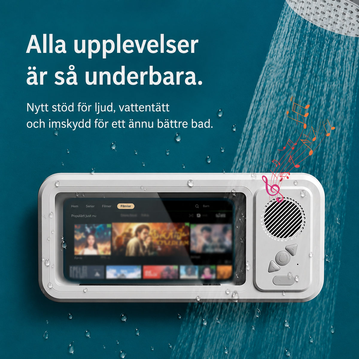 Mobilholder til brusebadet med Bluetooth-højttaler
