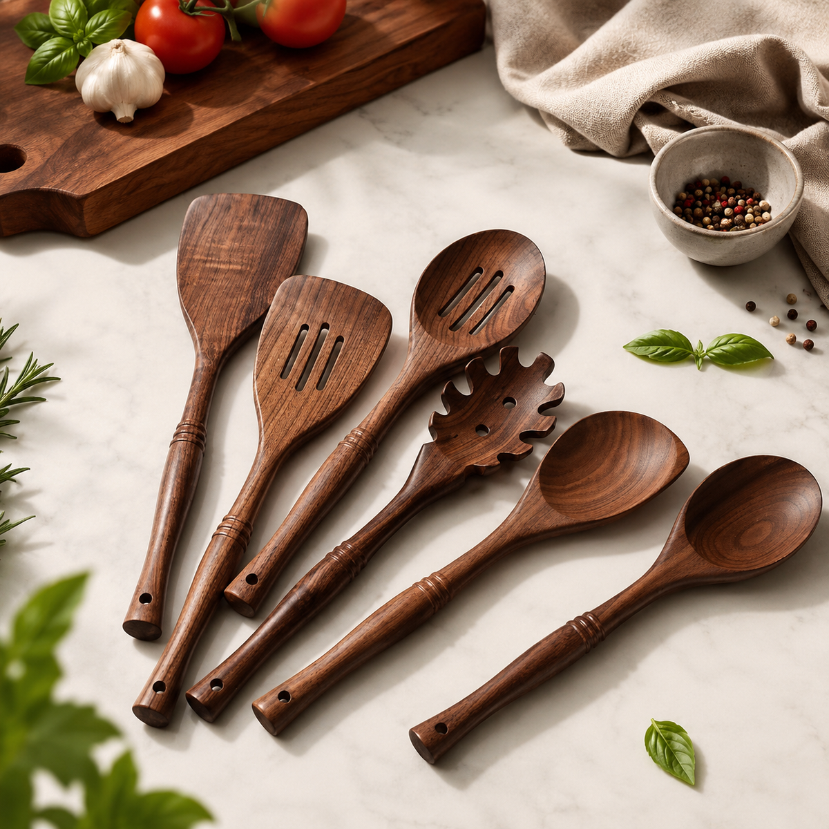 Køkkenredskaber i valnød – 6 dele