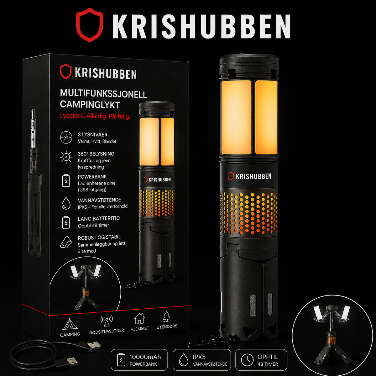 Genopladelig campinglampe med powerbank og lommelygte