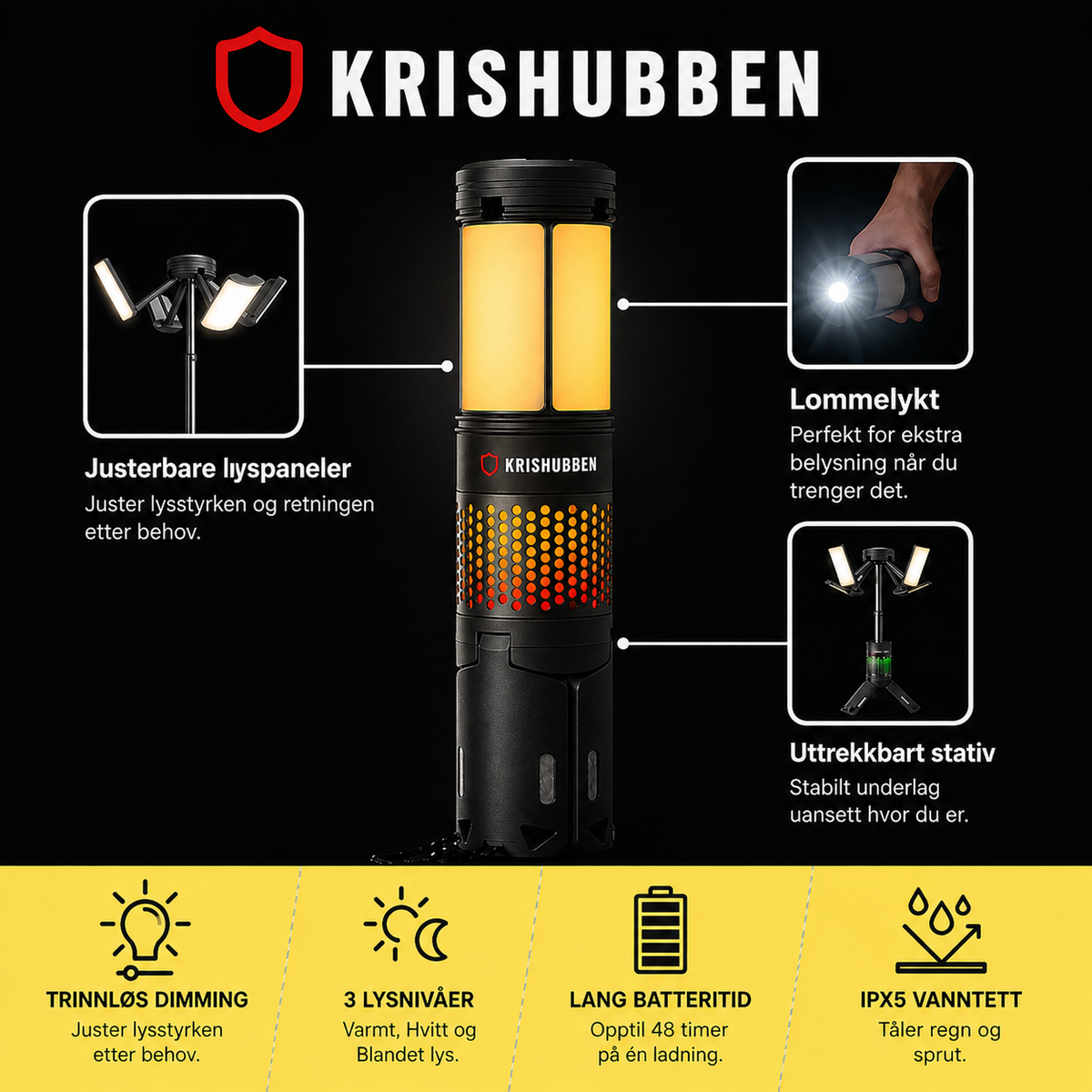 Genopladelig campinglampe med powerbank og lommelygte