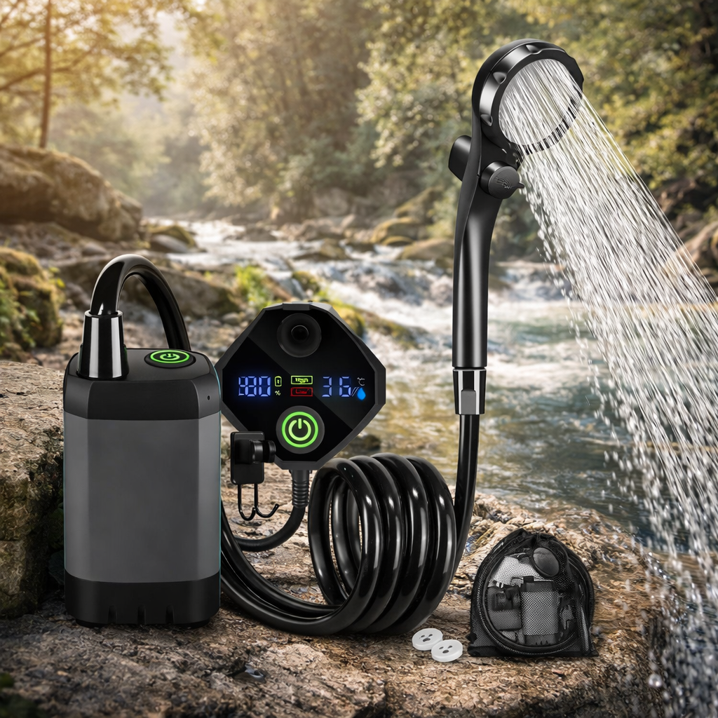 Transportabel batteridrevet udendørsbruser med 6000 mAh batteri