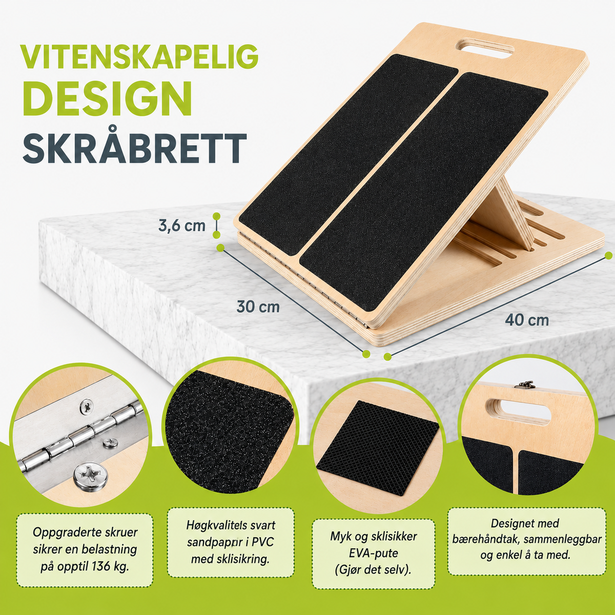 Justerbart skråbræt i træ til udstrækning af lægge og ben