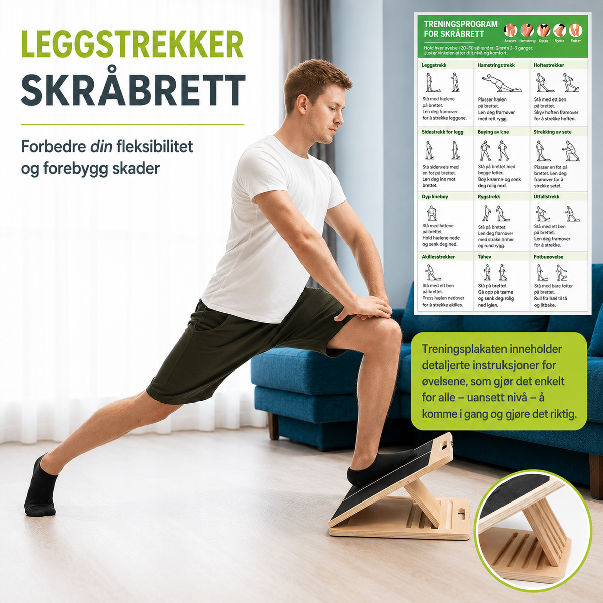 Justerbart skråbræt i træ til udstrækning af lægge og ben