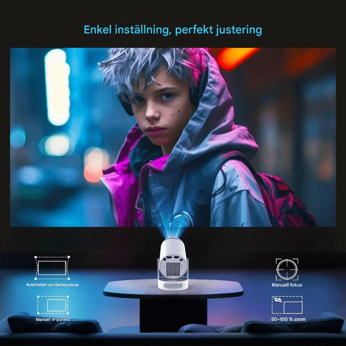 Bærbar smartprojektor med WiFi, Bluetooth og Android