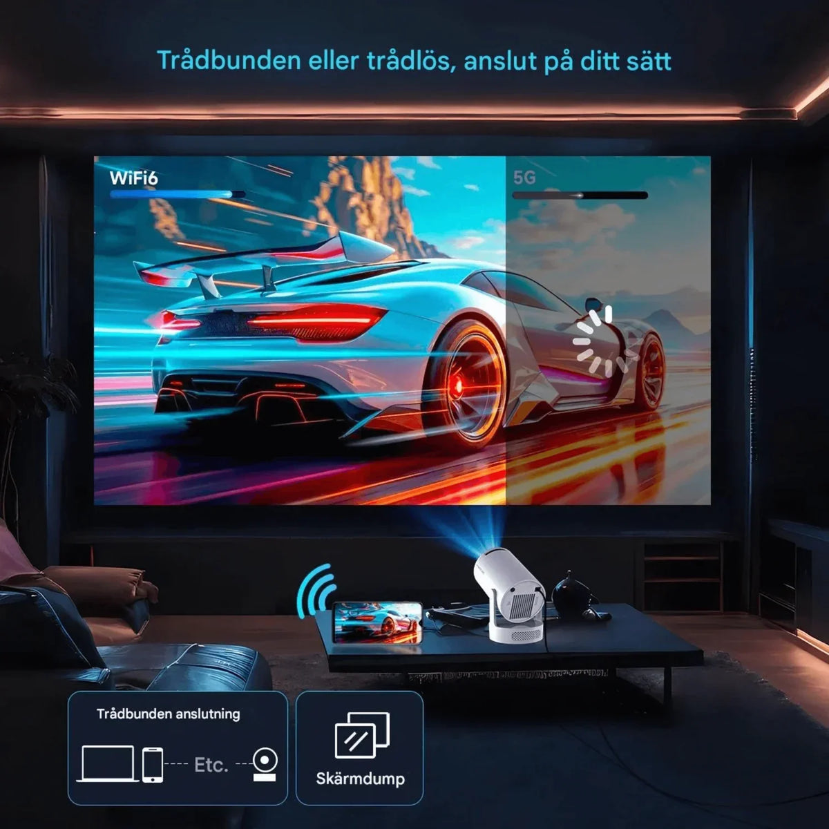 Bærbar smartprojektor med WiFi, Bluetooth og Android