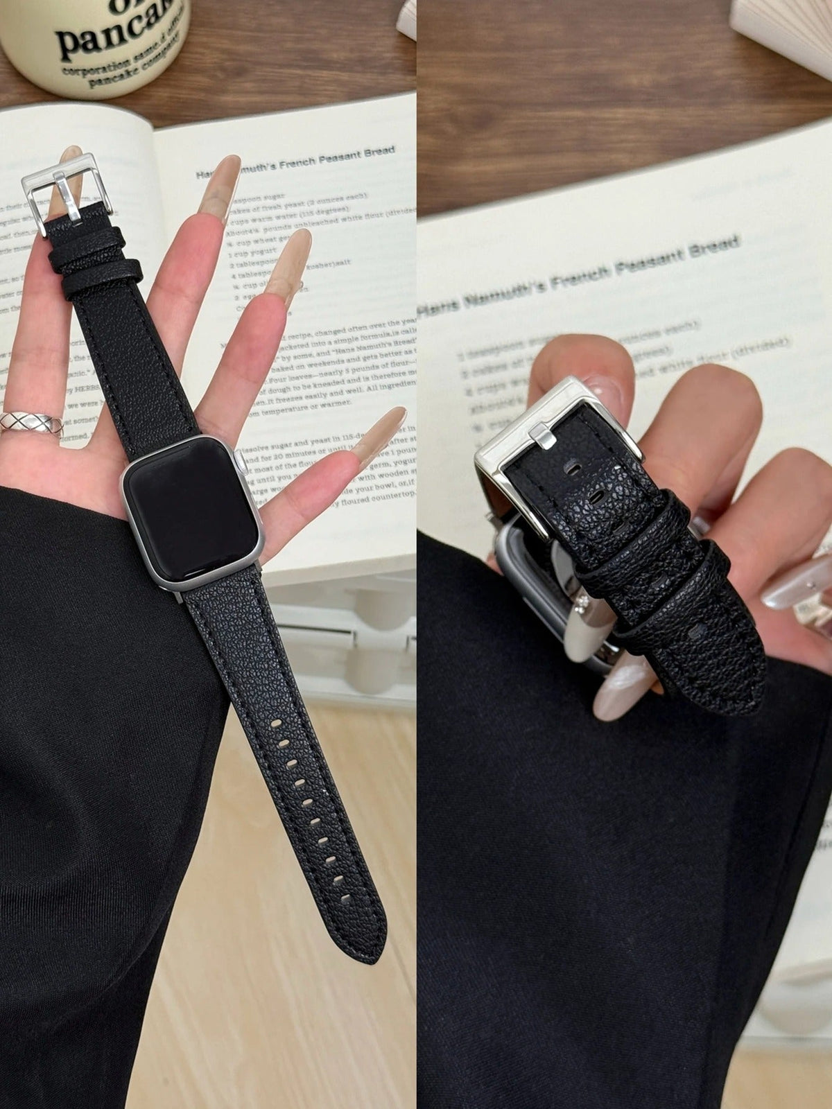 Svart klockarmband med silverfärgat spänne för Apple Watch