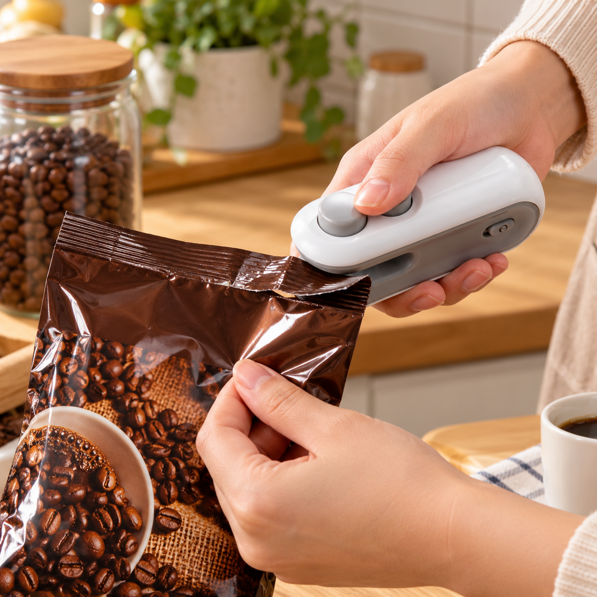 Vit påsförslutare som används på en kaffepåse