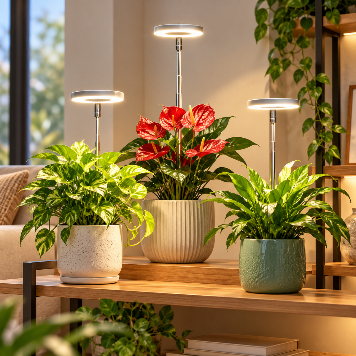 LED-växtlampa med tre justerbara ljushuvuden över krukväxter